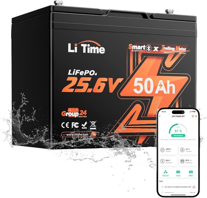 LiTime 24V 50Ah LiFePO4 Battery with Bluetooth and 4000 Deep Cycles fo