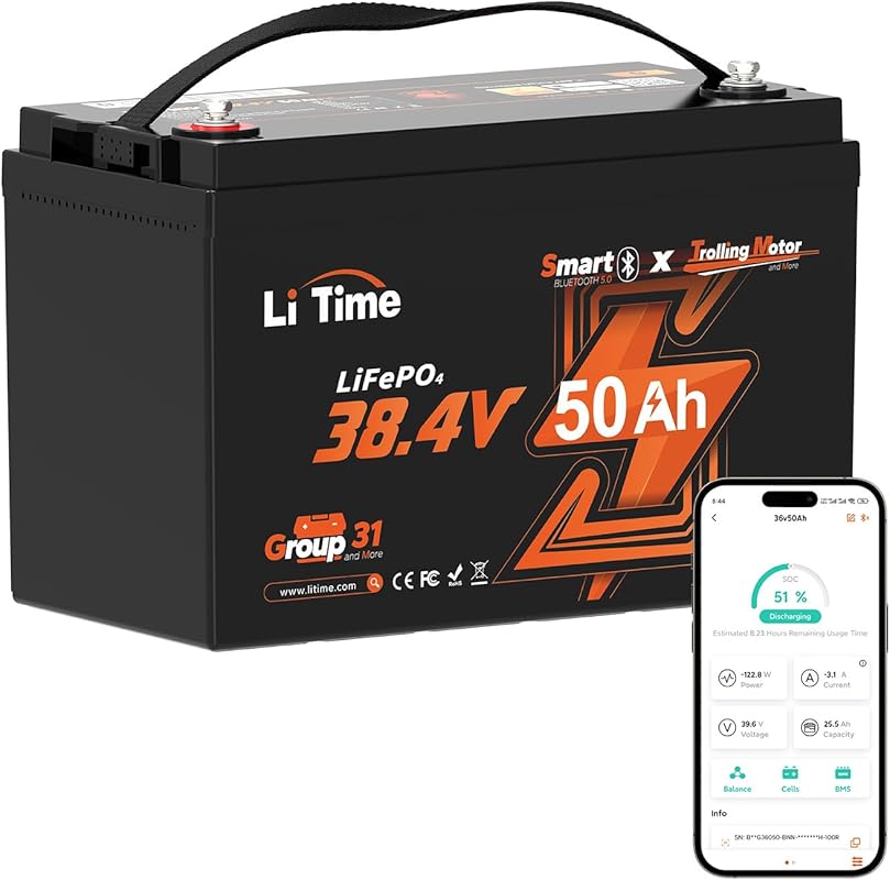 LiTime 36V 50Ah Group 31 LiFePO4 Trolling Motor Battery with Bluetooth