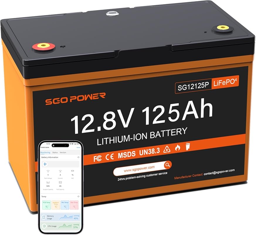 SGO Group 27 Deep Cycle LiFePO4 Battery with 12V 125Ah and Bluetooth f