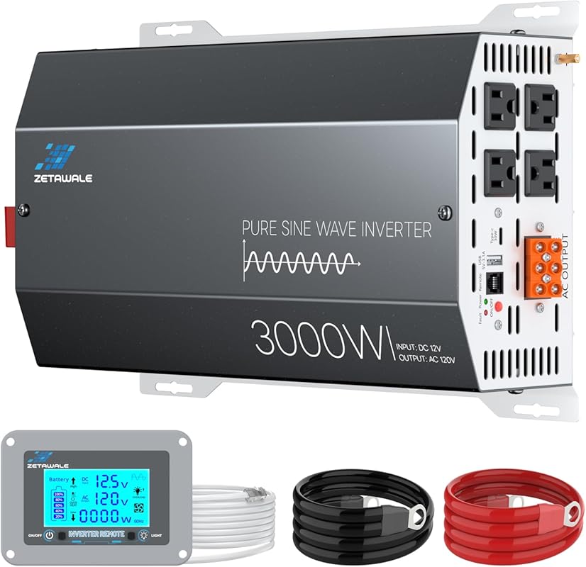 3000W Pure Sine Wave Inverter with 4 AC Outlets and LCD Remote for Sol