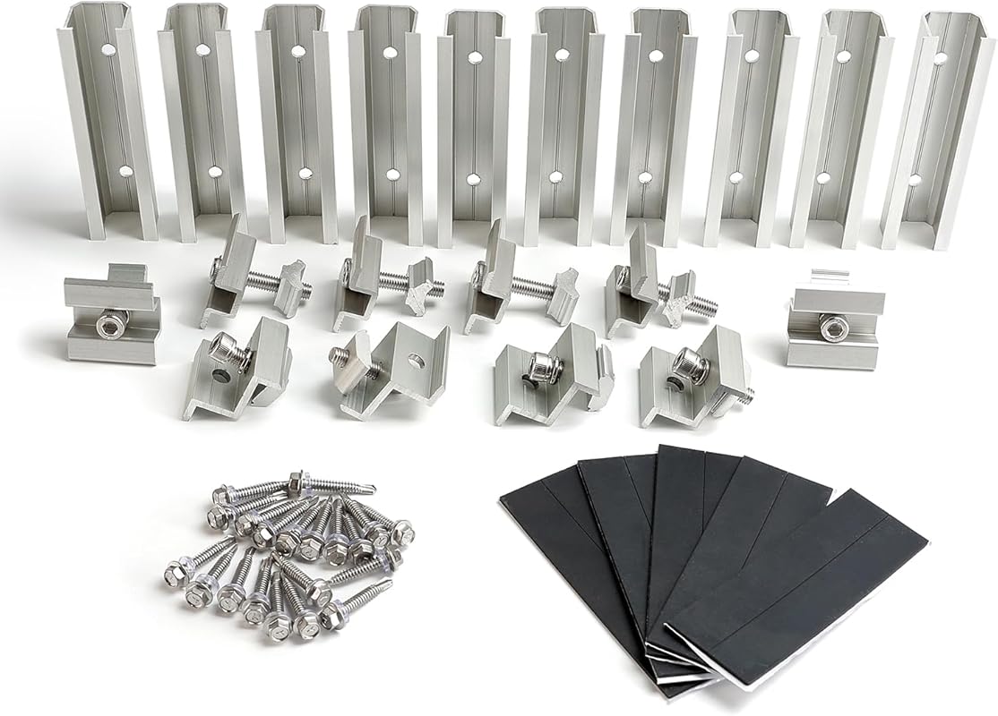 Solar Panel Mounting Kit with Clamps and Rails for Multiple-Sized Pane