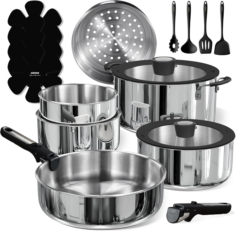 CAROTE 18pcs Stainless Steel Cookware Set with Detachable Handle, Nons