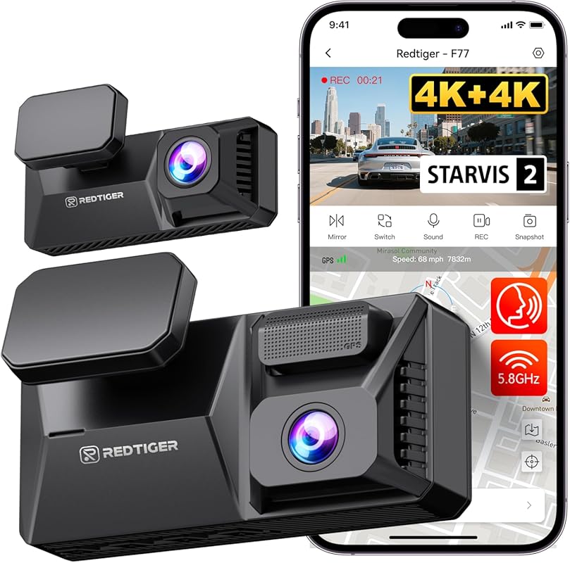 REDTIGER F77 4K Dash Cam with 5.8GHz WiFi for Remote Viewing, Voice Co