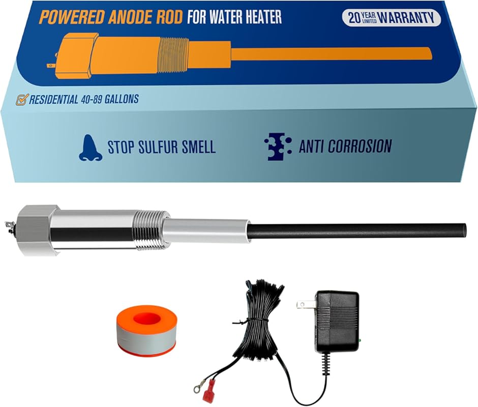 Powered Anode Rod for 40 to 89 Gallon Water Heaters Eliminates Sulfur 