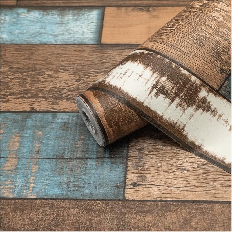 Vintage Blue Brown Wood Grain Peel and Stick Wallpaper: Self-Adhesive,
