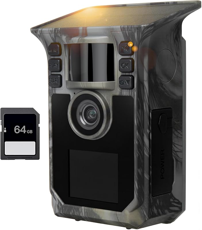 Trail Camera 4K 64MP Solar Game Camera with 5000mAh Forever Power, 64G