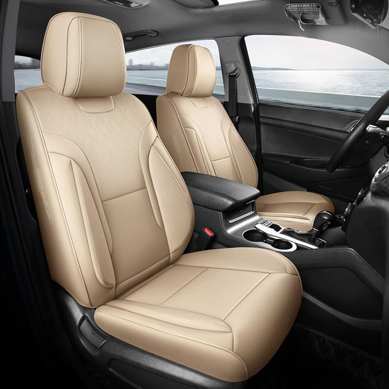 Breathable Beige Faux Leather Car Seat Covers Full Set for Most Vehicl
