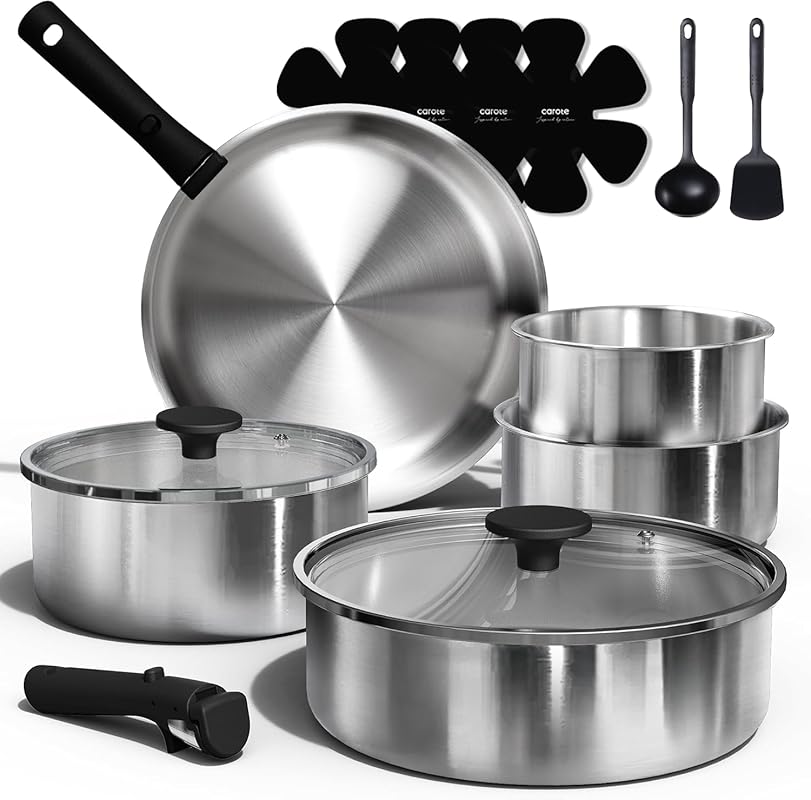 CAROTE Pots and Pans Set, Stainless Steel Cookware Set Detachable Hand