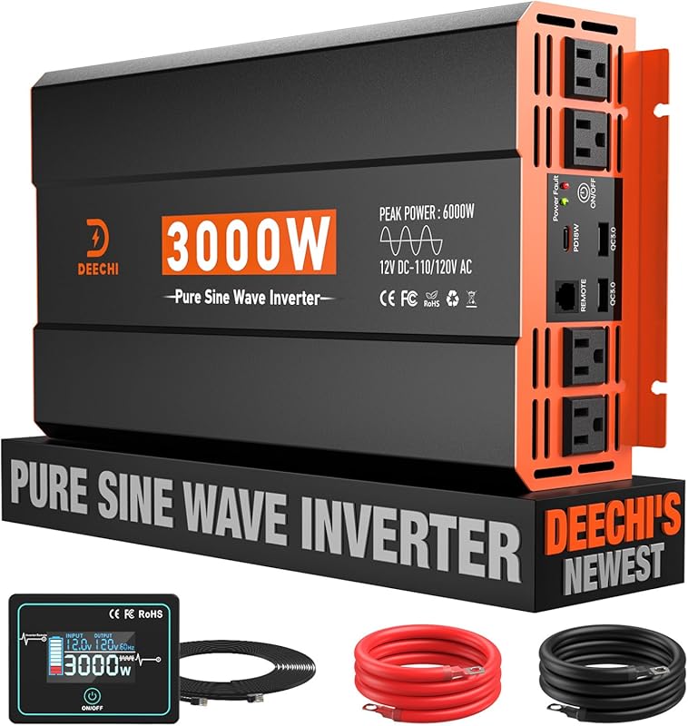 3000W Pure Sine Wave Inverter with 4 AC Outlets and Remote for RV and 