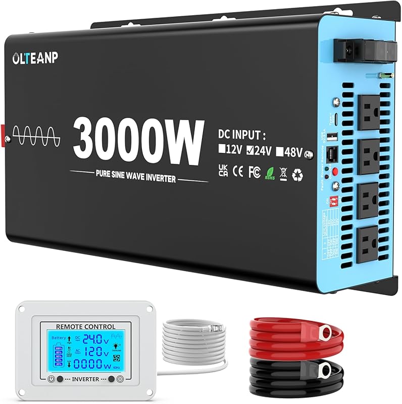 New Upgraded 24V 3000 Watts Pure Sine Wave Inverter, 24V DC to 110V/12