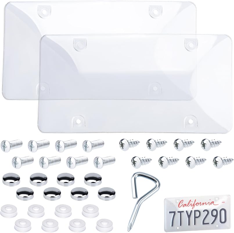 2-Pack Unbreakable Clear License Plate Covers with Screw Caps for Fron