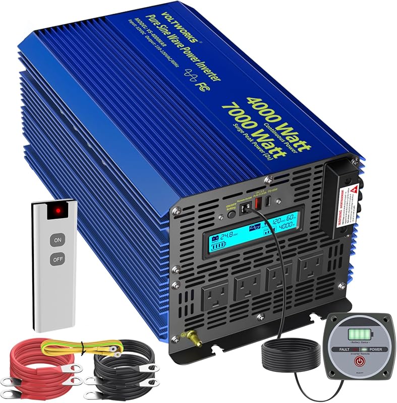 4000W 24V Pure Sine Wave Inverter with 7000W Peak, Four AC Outlets, US