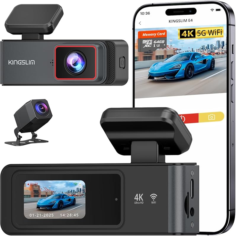 Kingslim 4K Front and Rear Dash Cam with 5G WiFi, App Control, and Par