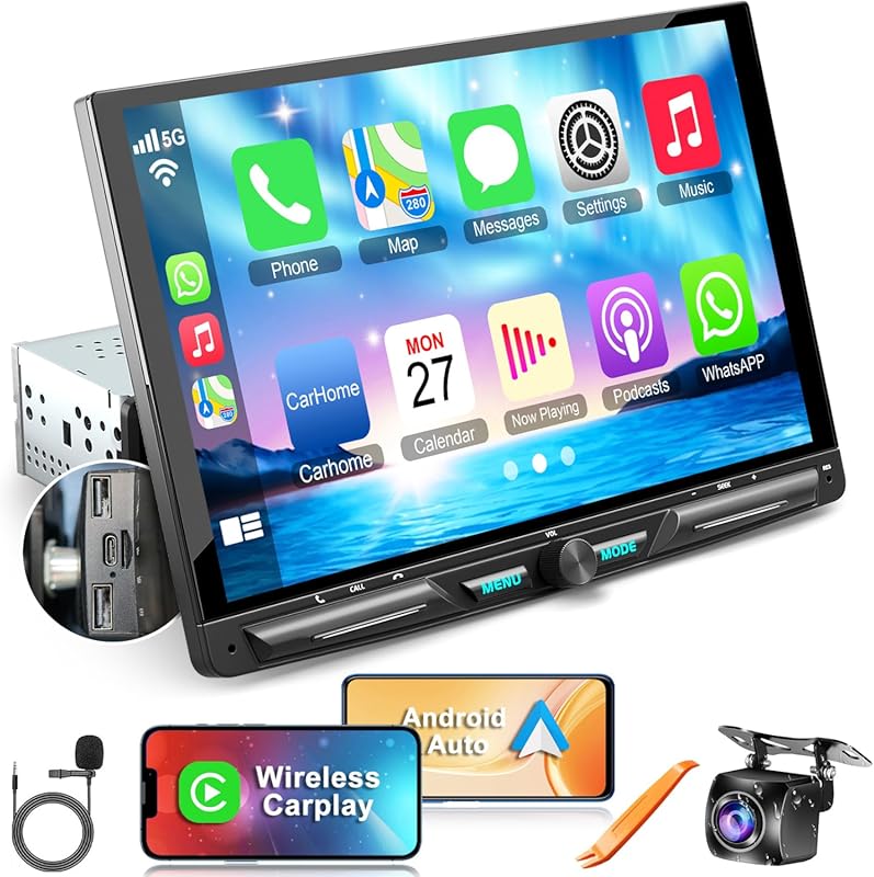10.1-inch Wireless Single Din Car Stereo with Apple CarPlay, Android A