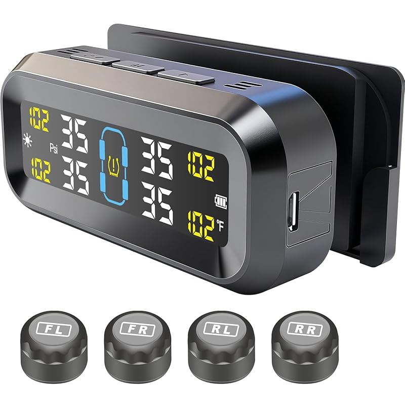 TPMS with Solar and USB Charger, 4 External Sensors, and an LCD Displa