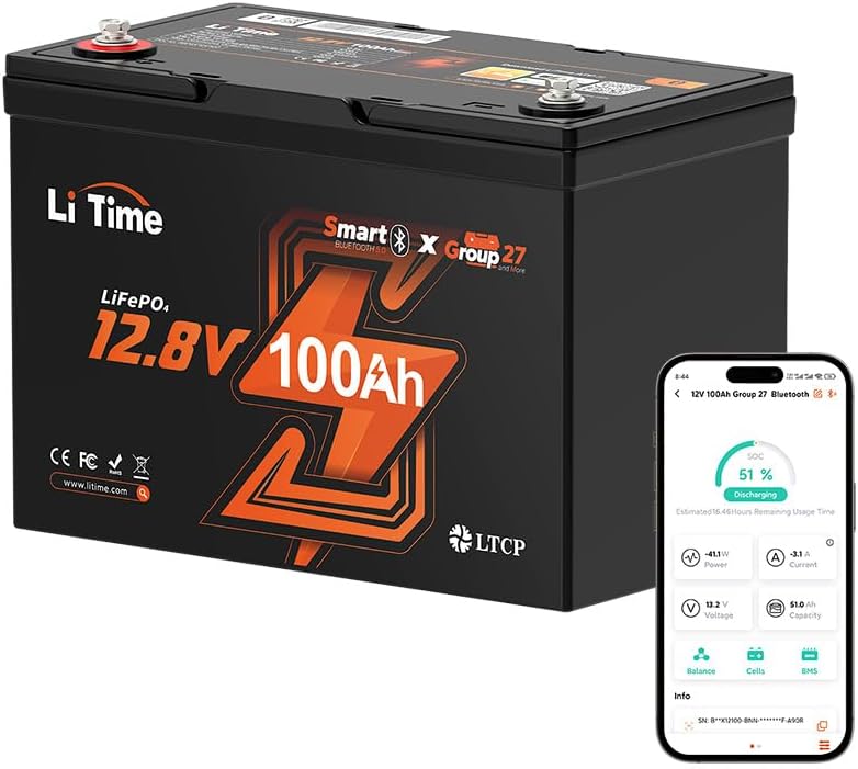 Litime 12V 100Ah LiFePO4 Group 27 Battery with Bluetooth 100A BMS Low-