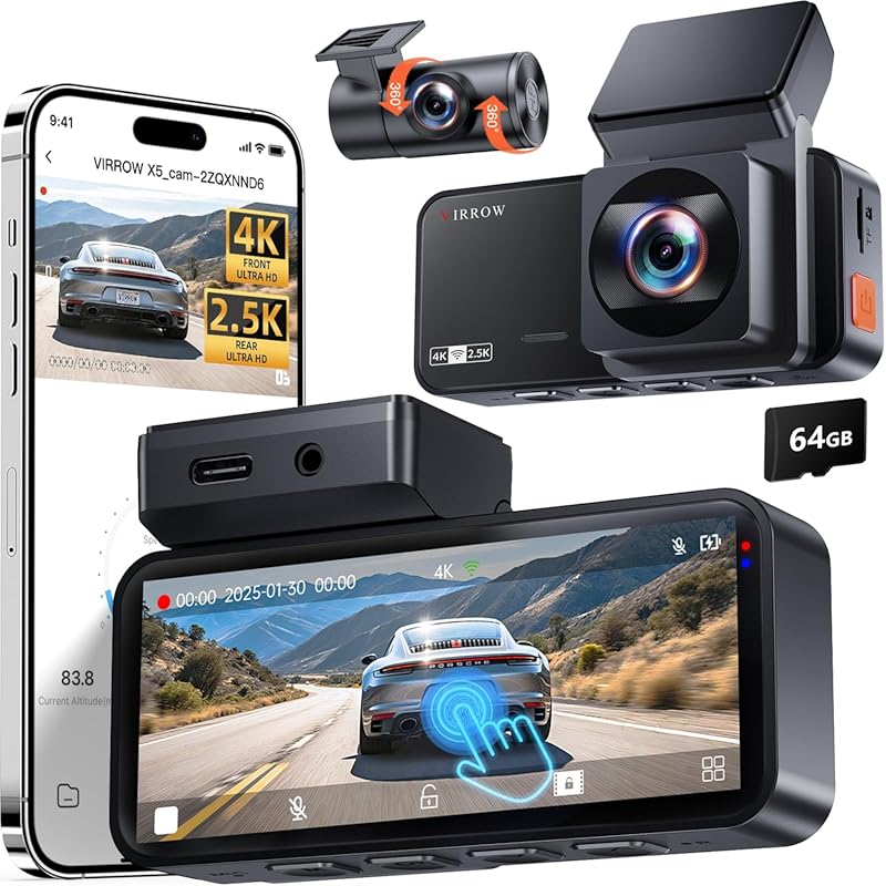 4K Front and Rear Dash Cam with Touch Screen, WiFi App Control, and Lo