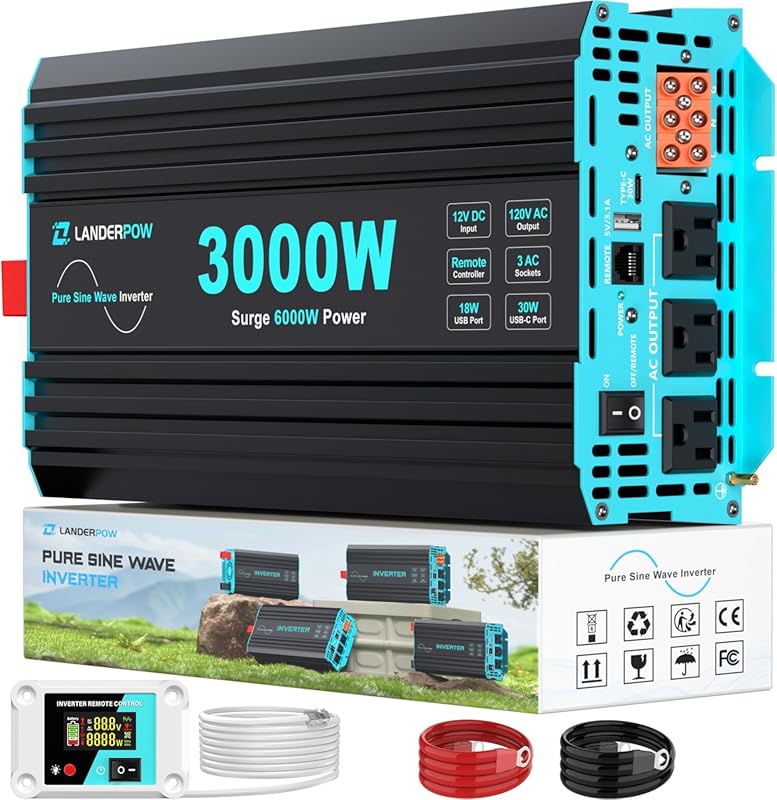 3000W Pure Sine Wave Inverter with 6000W Surge and Hardwire Port for O