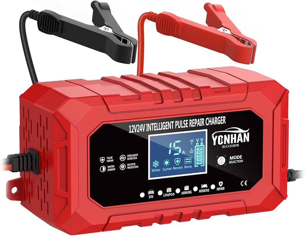 YONHAN 15A Battery Charger for Trucks: 12V/24V, 9-Stage Trickle Charge