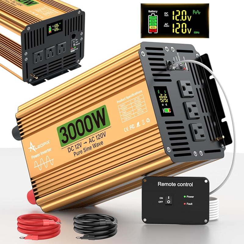 3000W Pure Sine Wave Inverter with 3 AC Outlets, USB, and Remote Contr
