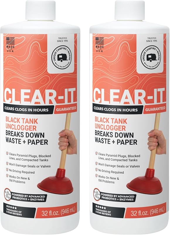 Unique Clear-It RV Black Tank Unclogger Liquid Breaks Through Clogs an