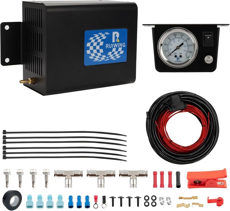 Complete On Board Air Compressor Kit with Pressure Gauge and Air Lines