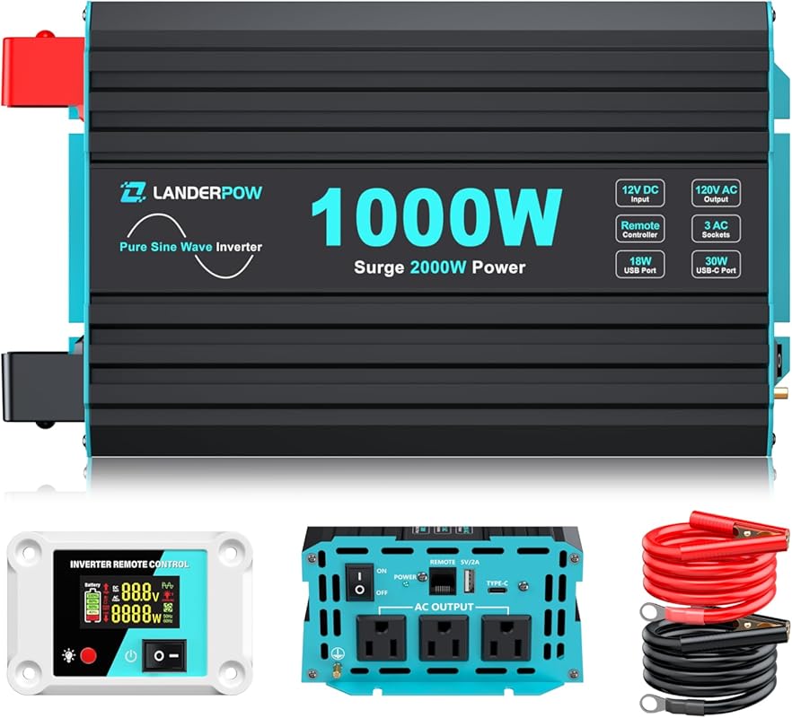 1000W Pure Sine Wave Inverter for RVs with 3 AC Outlets, USB Ports, an