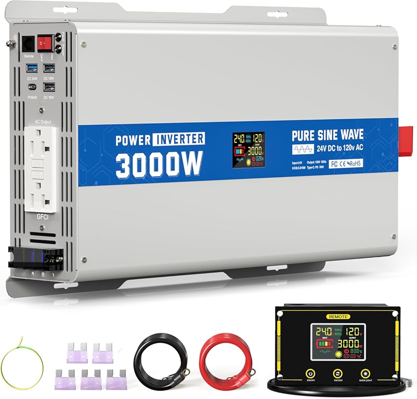 3000W Pure Sine Wave Inverter with 6000W Peak and GFCI Outlets for Car