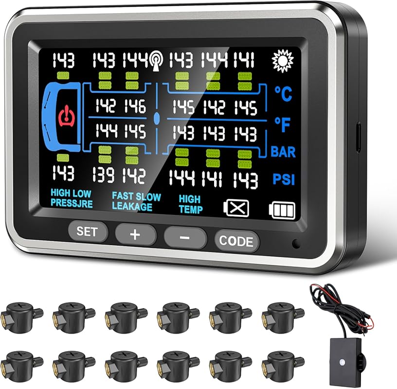 RV TPMS with 12 Flow-Thru Sensors and a 4.5-Inch Monitor Featuring Six