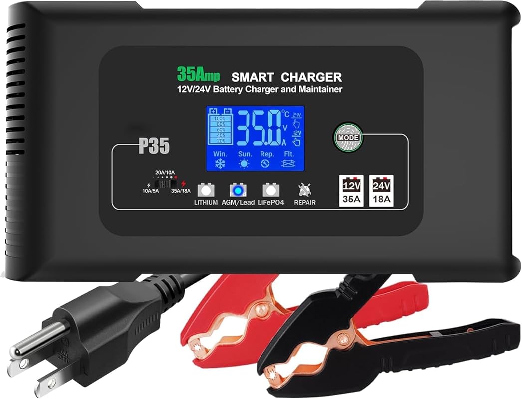 35A Car Battery Charger for 12V 24V AGM Gel and Lithium Batteries with