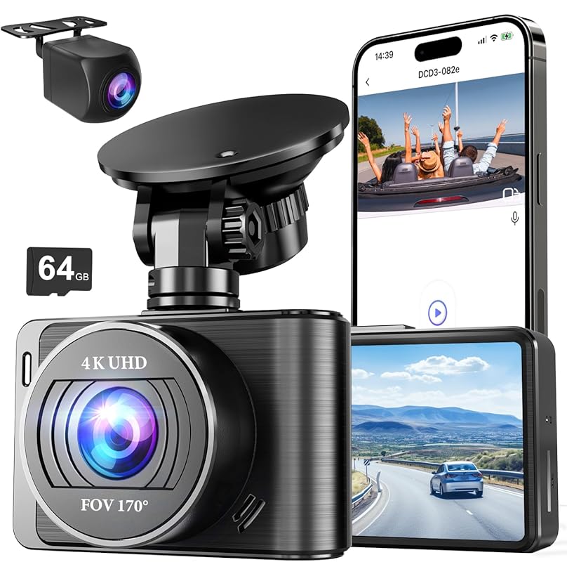 4K Front and Rear Dash Cam with Built-in 5G WiFi, 64GB SD Card, and 2.