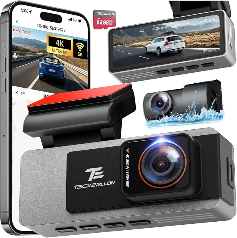 4K Dual Dash Cam with Starlight Night Vision, GPS, 5G WiFi, G-Sensor, 