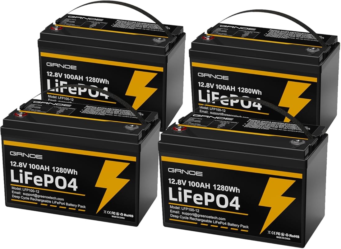 4-Pack of 12V 100Ah Group 31 LiFePO4 Batteries with 100A BMS for Solar
