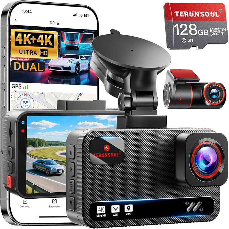 4K Front and Rear Dash Cam with 5.8GHz WiFi, GPS, G-Sensor, and 24H Pa