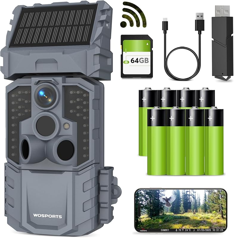 WOSPORTS 48MP WiFi Trail Camera with 7800mAh Rechargeable Solar Panel,