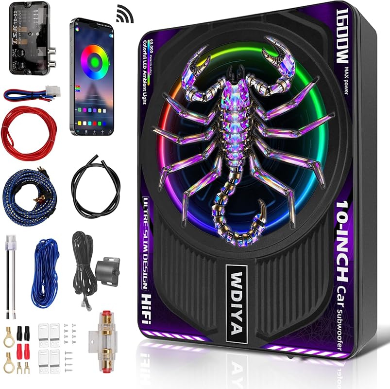 1600W 10-Inch Slim Under Seat Subwoofers with Amplifier, LED Lights, a