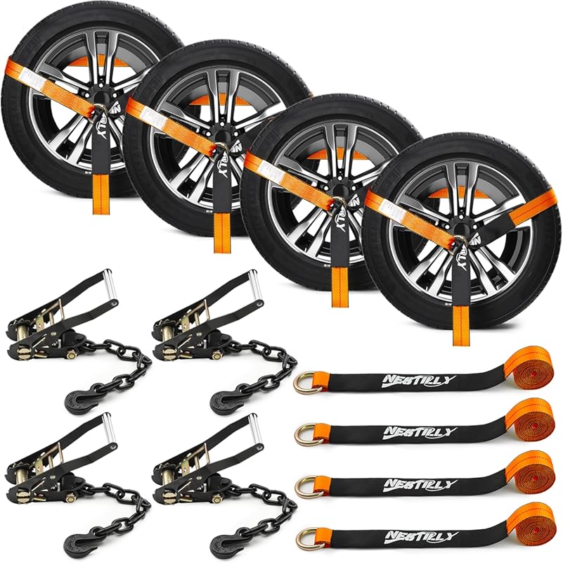 4-Pack Car Tie Down Straps for Trailers with Tire Ratchet Straps and C