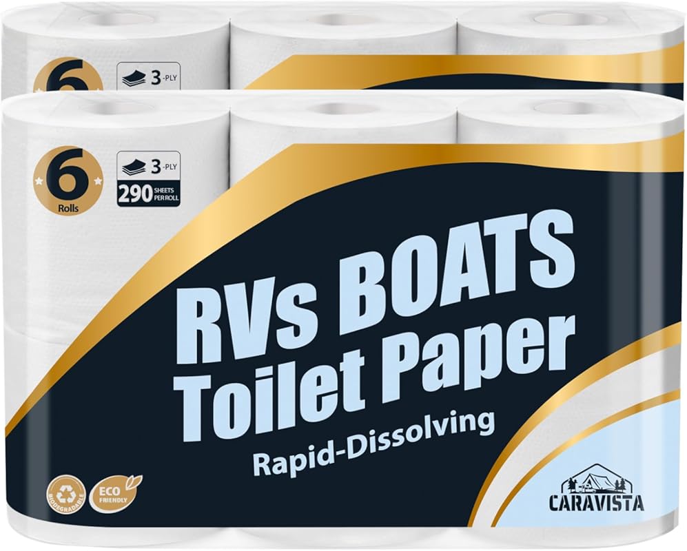 RV Camping Toilet Paper: 12 Rolls Rapid-Dissolve Septic Safe Biodegrad