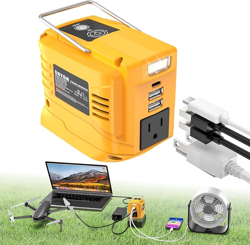 200W Portable Power Inverter for DeWalt 20V Batteries with USB, LED, a