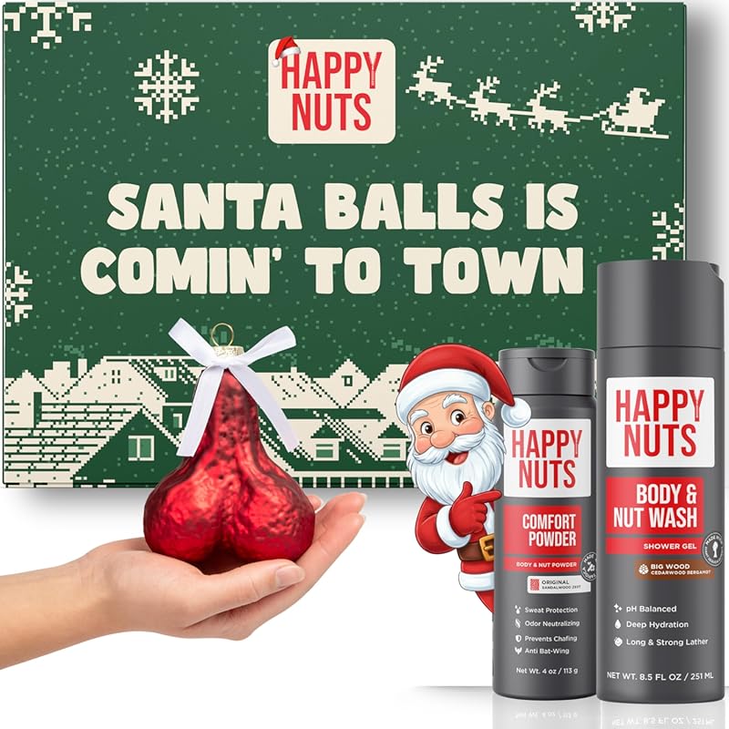 Happy Nuts Men's Gift Bundle with Comfort Powder, Body Wash, and Ornam