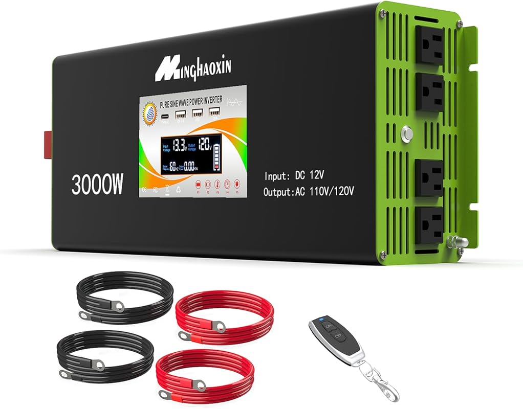 3000W Pure Sine Wave Power Inverter 12V DC to 110/120V AC, 4 AC Outlet