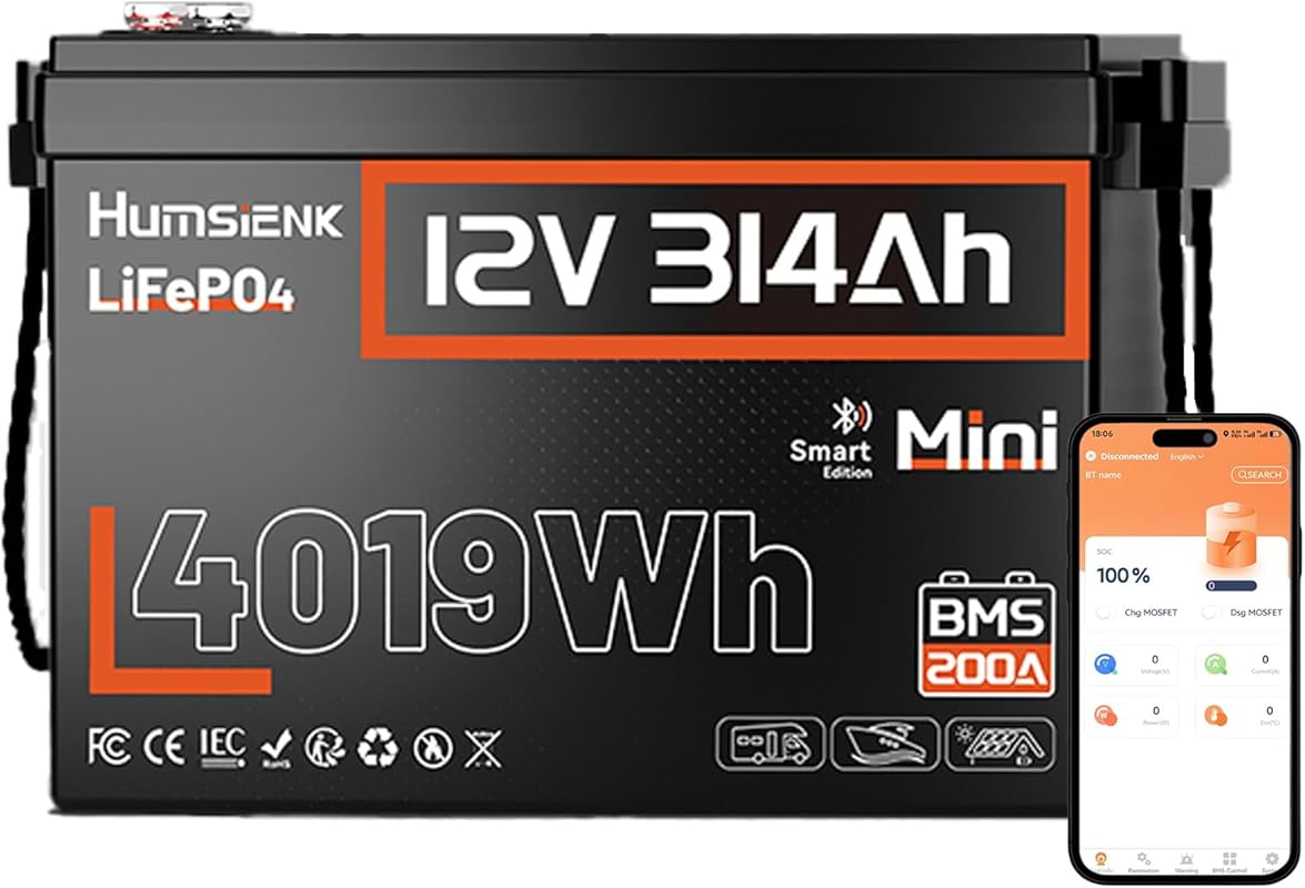 HumsiENK 12V 300Ah LiFePO4 Battery with Bluetooth, 200A BMS, and Low-T