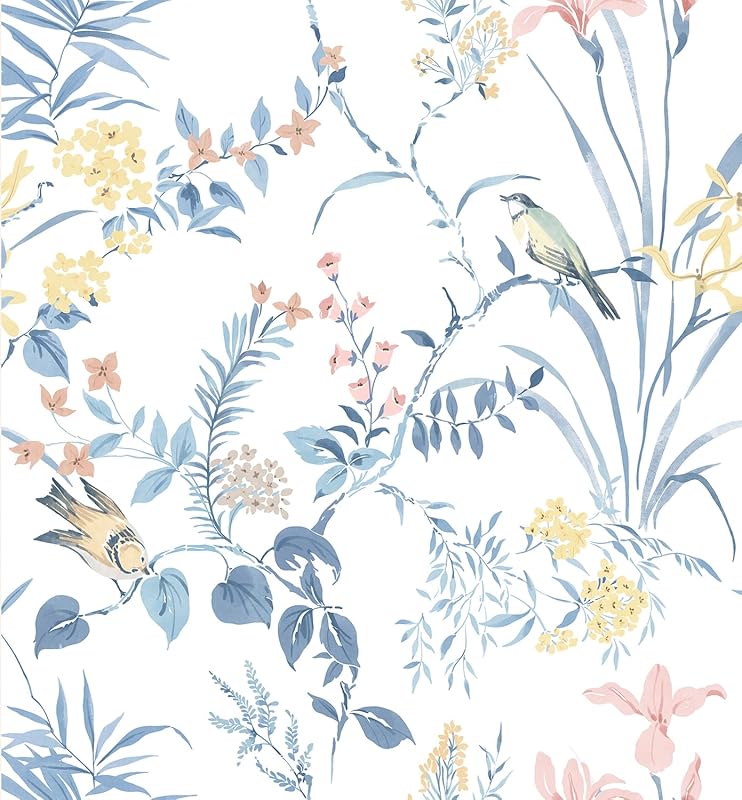 Erfoni Boho Floral Blue Floral and Birds Peel and Stick Removable Wall