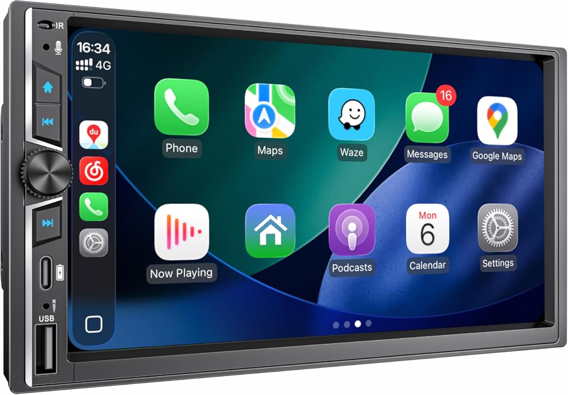 7-Inch Double Din Car Stereo with Wireless CarPlay, Android Auto, Buil