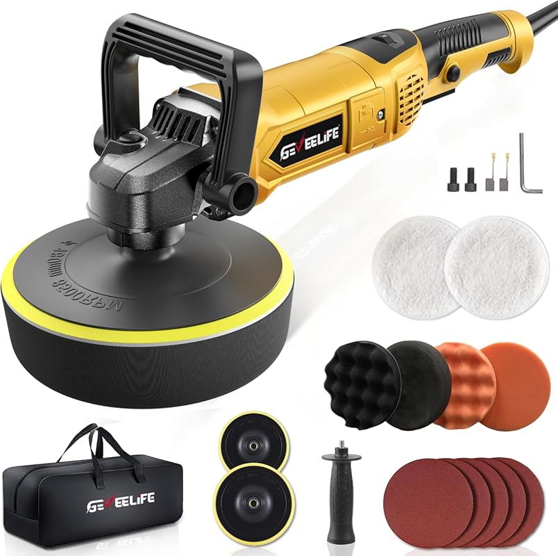 GEVEELIFE Yellow 1600W Rotary Car Buffer Polisher with 7 Variable Spee