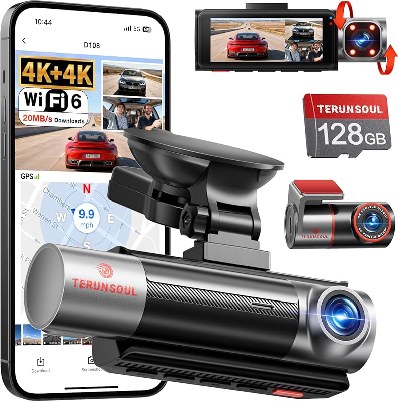 3 Channel Dash Cam with 4K Front and Rear, 1080P Cabin, WiFi, and IR N