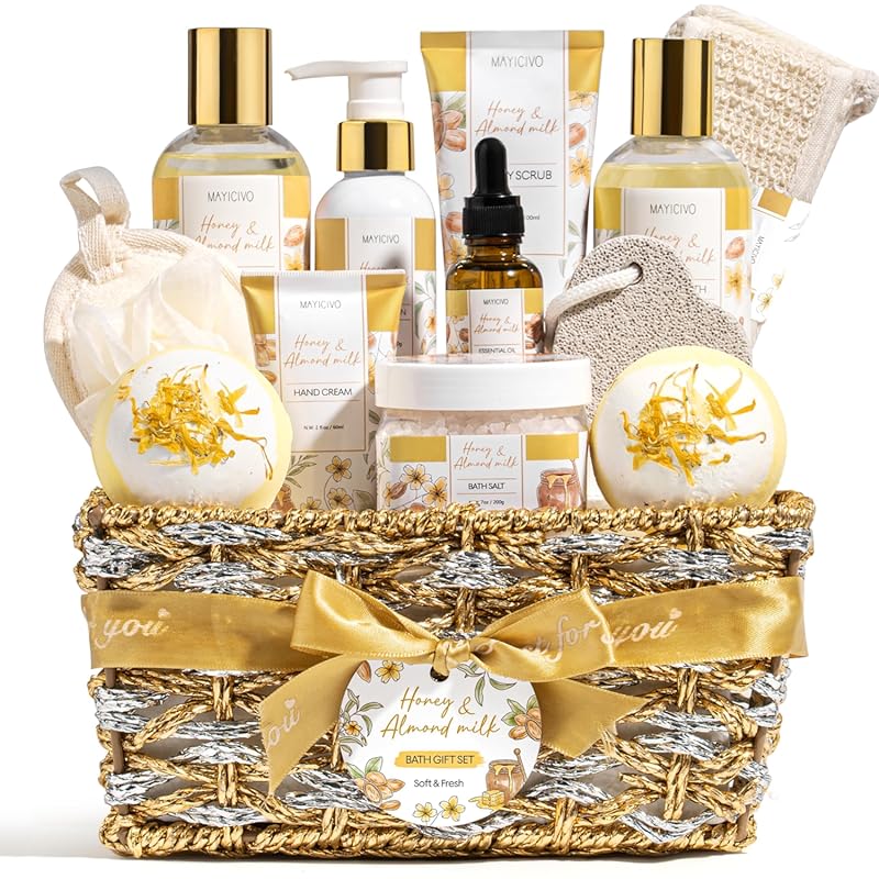 Honey and Almond Milk Relaxing Spa Gift Basket for Women's Self Care