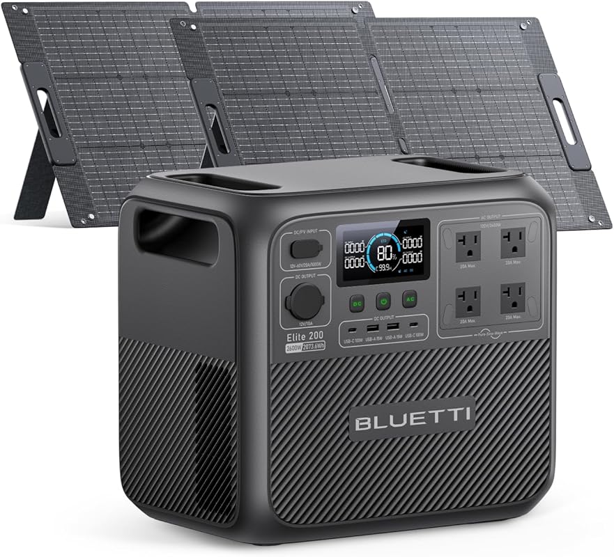 BLUETTI Elite 200 V2 Solar Generator with Two 100W Panels and 2073Wh C