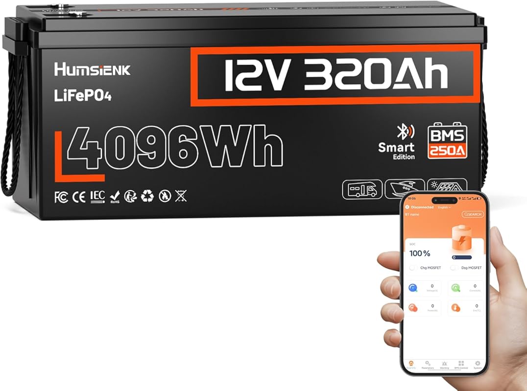 HumsiENK 12V 320Ah LiFePO4 Battery with Bluetooth, 250A BMS, and Low-T